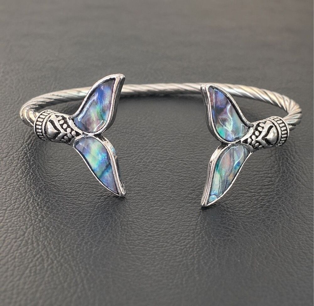 Men’s Abalone Whale Tail Bracelet - Silver Tone Fish Tail Cuff